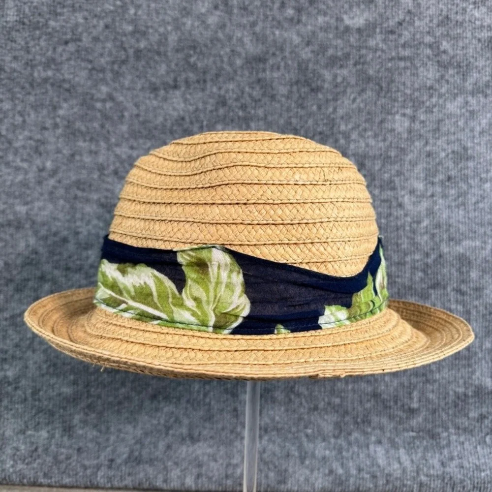 Ann Taylor Factory Straw Fedora Hat Tan Tropical Leaf Print Band Summer Sun Hat